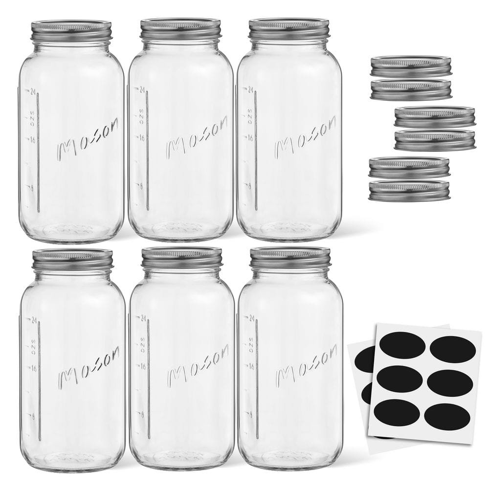 Regular Mason Jars with Airtight Lids, Labels and Measures, Lead Free Glass, 32 oz. Set of 6 - Hercitys