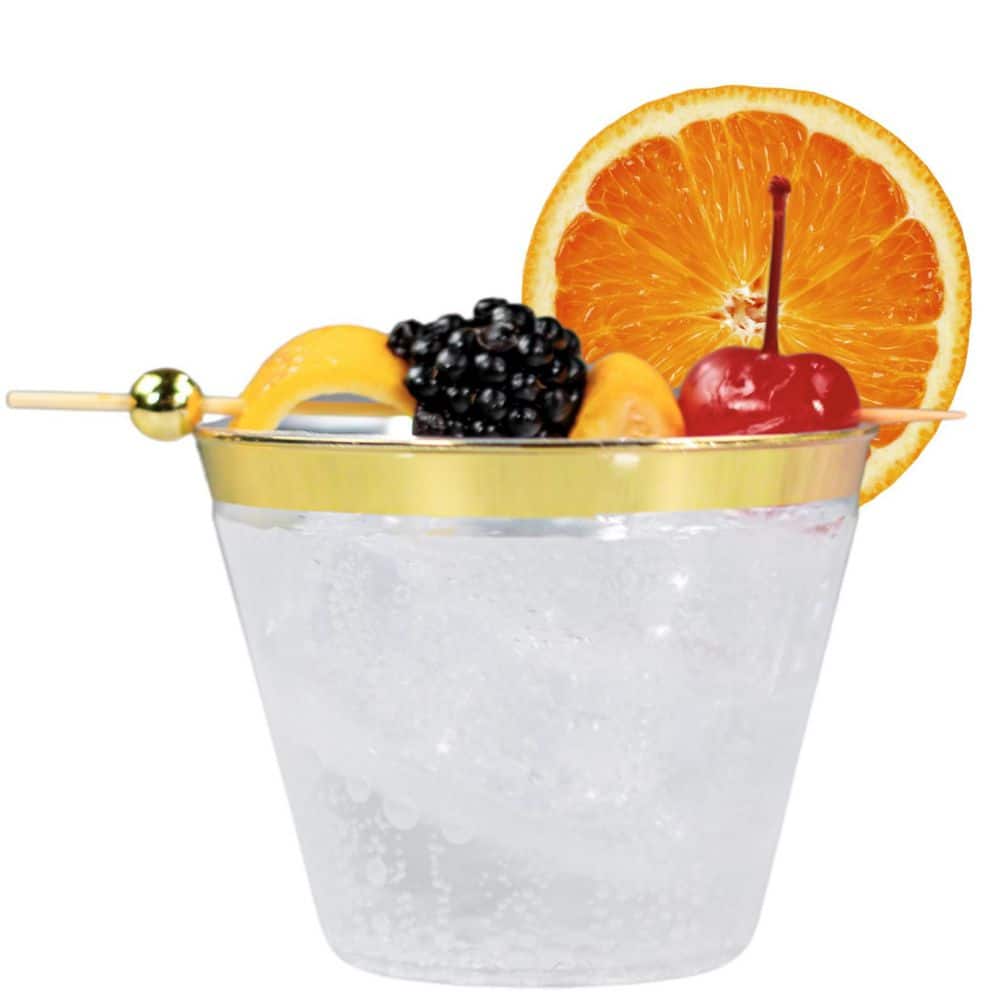 9 oz. Gold Rim Clear Disposable Plastic Cups, Party, Cold Drinks, (110-Pack) - Hercitys