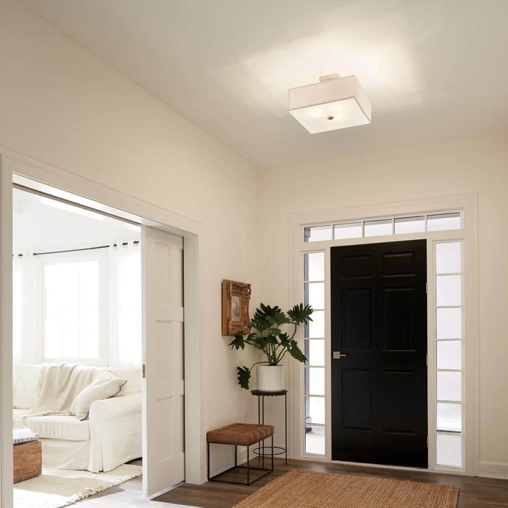 Shailene 18 in. 3-Light Brushed Nickel Square Hallway Transitional Semi-Flush Mount Ceiling Light with Microfiber Shade - Hercitys