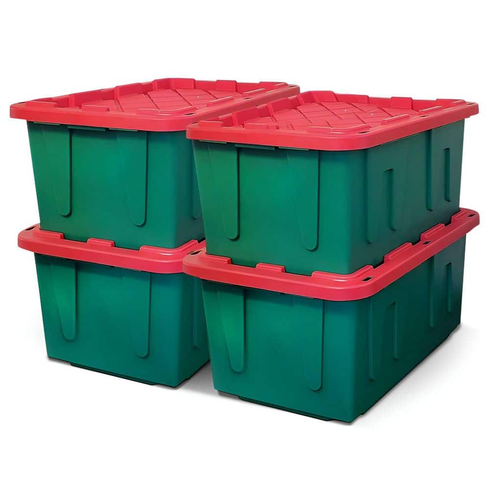 Durable 27-Gal. Heavy Duty Holiday Storage Tote, Green/Red, (4 Pack) - Hercitys
