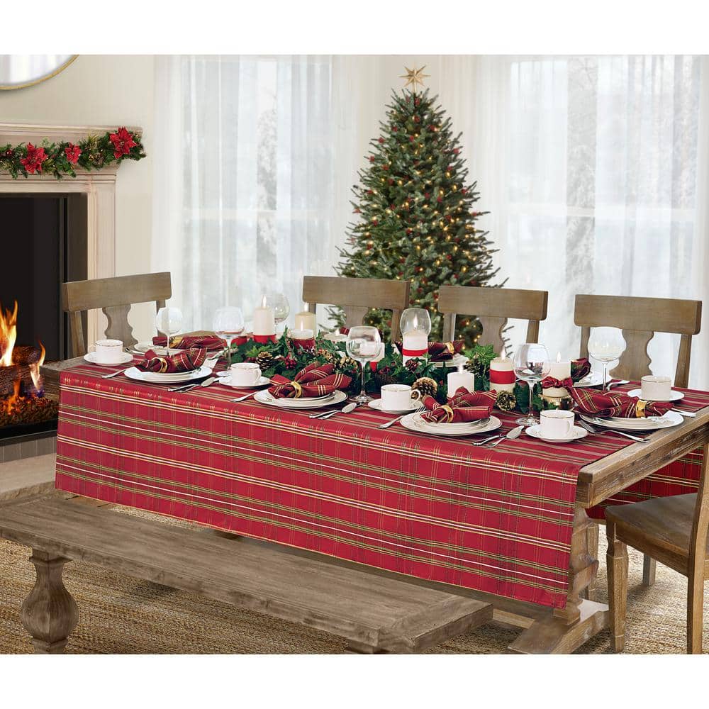 60 in. W x 102 in. L Red/Green Shimmering Plaid Holiday Christmas Tablecloth - Hercitys