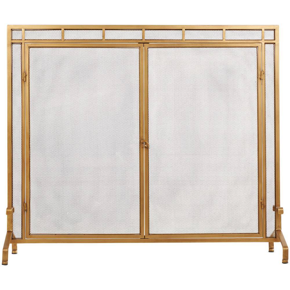 Gold Metal Geometric Single-Panel Fireplace Screen with Latched Doors and Arched Feet - Hercitys
