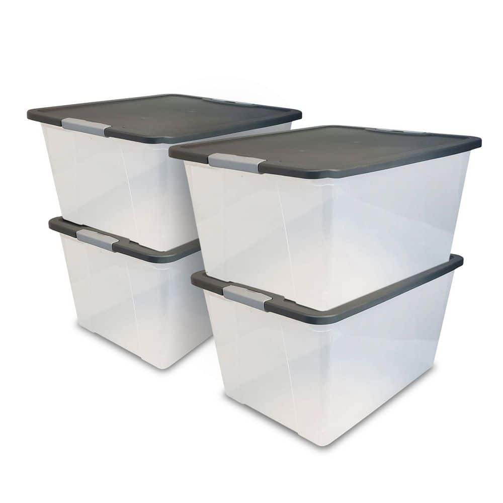 64 qt. Secure Latching Large Plastic Storage Bin with Gray Lid in Clear (4-Pack) - Hercitys