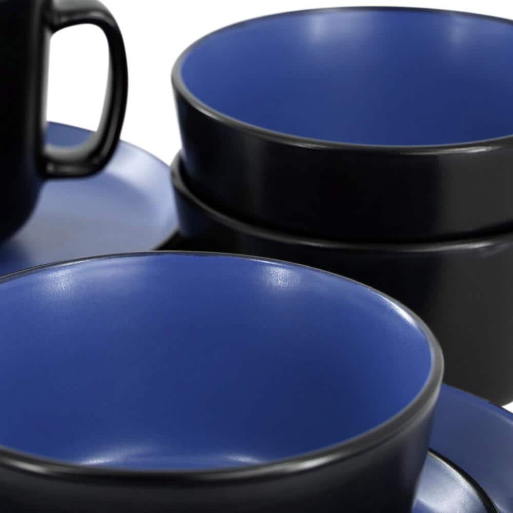 Bacarra 16 Piece Stoneware Dinnerware Set in Two Tone Black and Blue Service for 4 - Hercitys