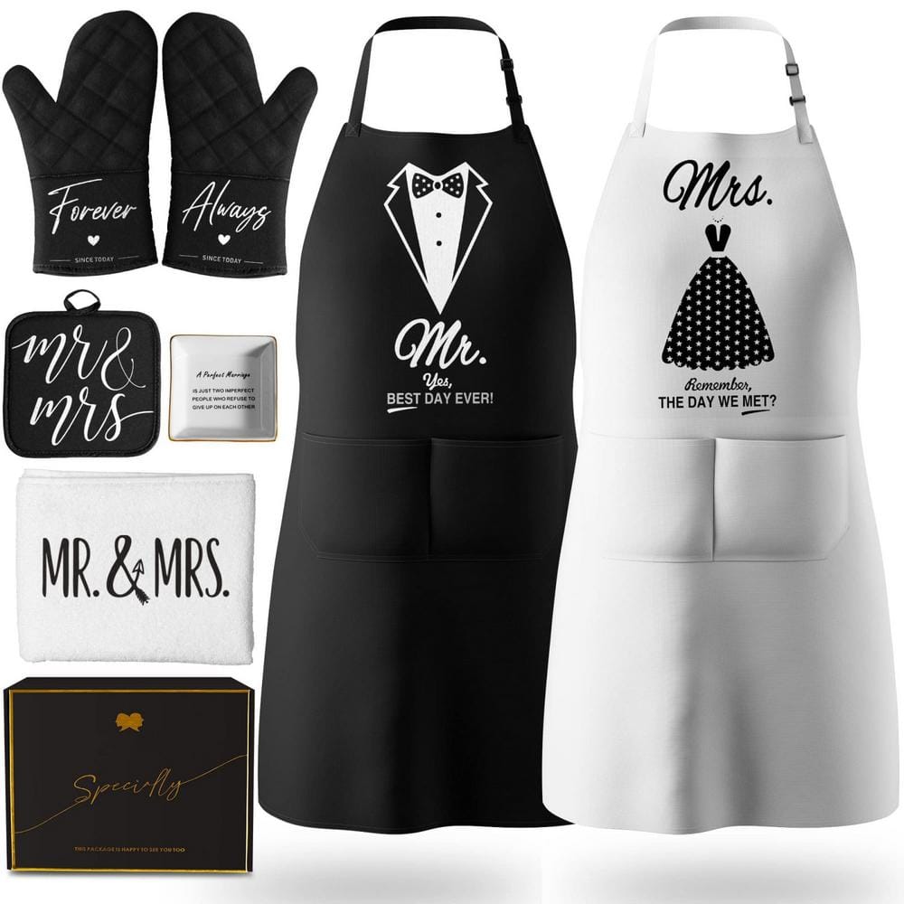 8-Piece Black and White Kitchen Cooking Mr and Mrs Apron Gift Set for Anniversary, Bridal Shower and Wedding Gifts - Hercitys