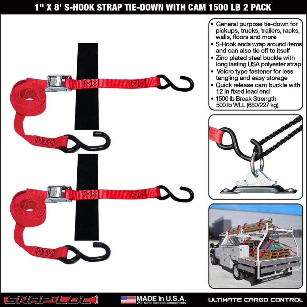 8 ft. x 1 in. S-Hook Cam Strap with Hook and Loop Storage Fastener in Red (2-Pack) - Hercitys