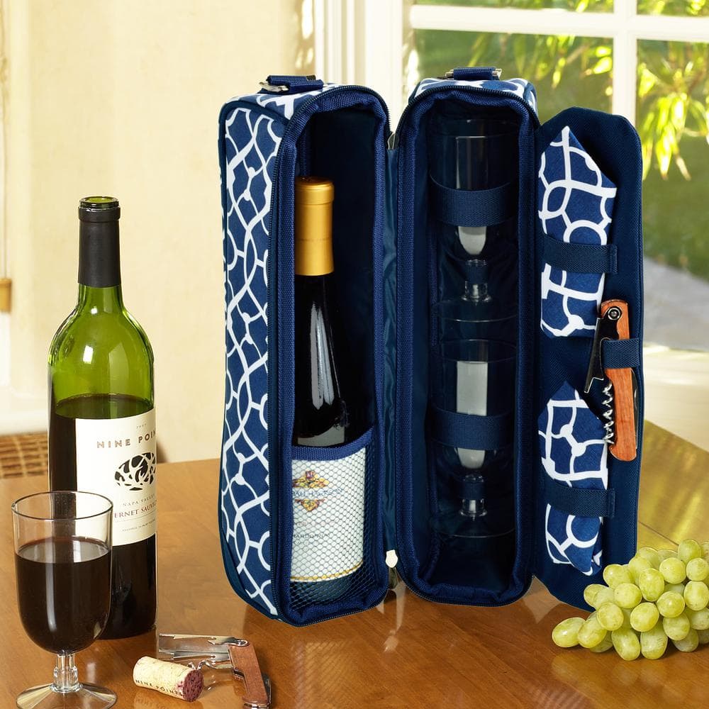 Sunset Trellis Blue Collection Wine Tote for 2 with Glasses - Hercitys
