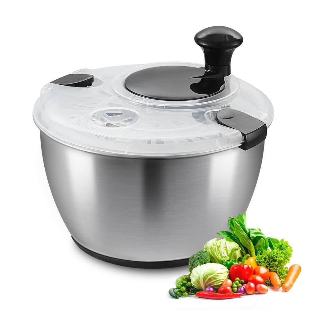 Stainless Steel Salad Spinner 4.75 Qt. 1-Handed Easy Press Large Vegetable Dryer Washer, Lettuce Cleaner and Dryer - Hercitys