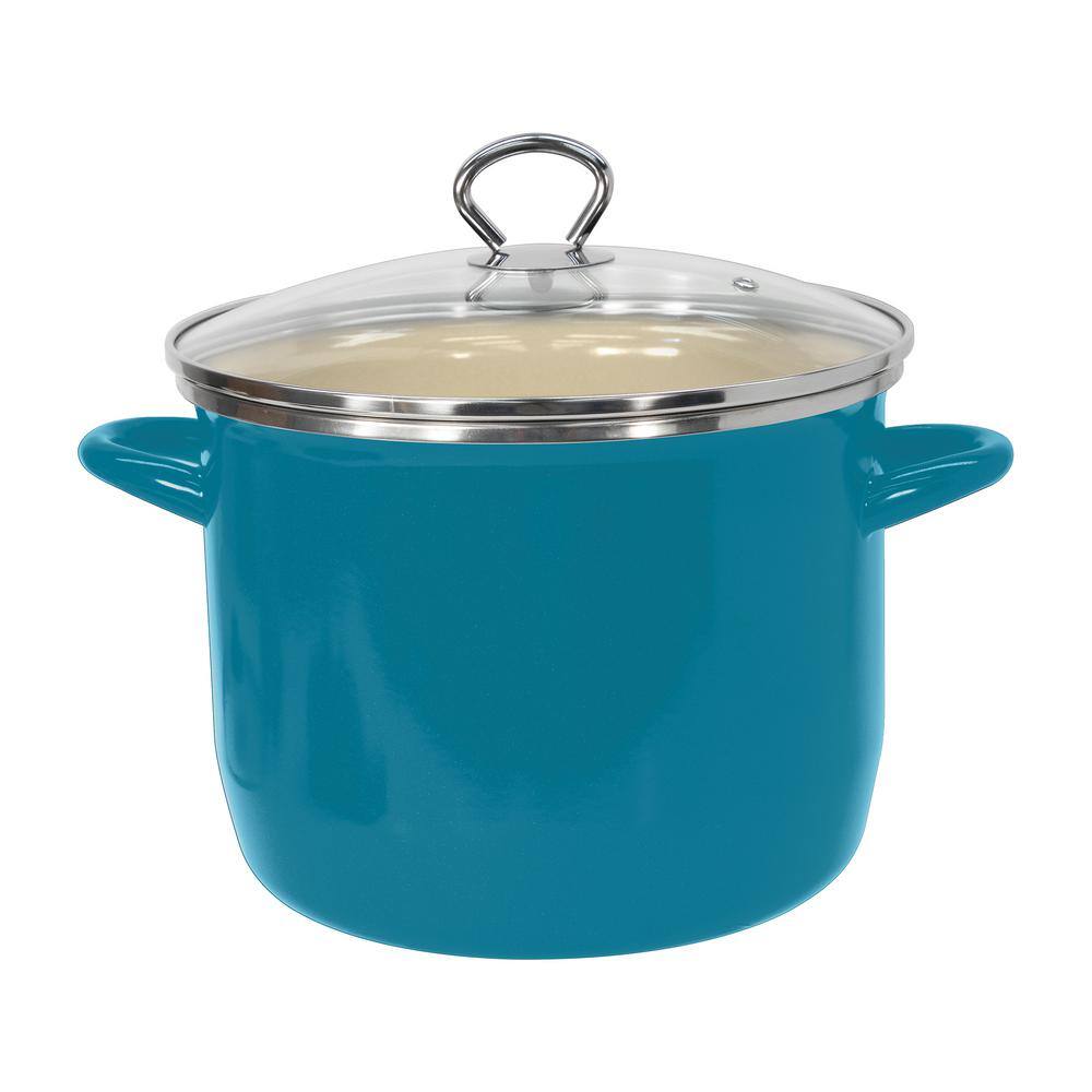 8 qt. Enamel on Steel Stock Pot in Teal with Glass Lid - Hercitys