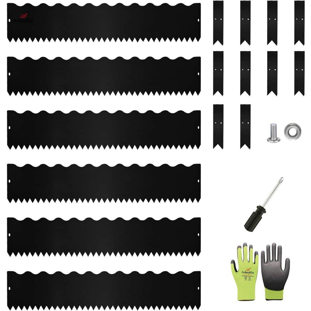 6 Pack 40 in. L x 8 in. H Black Steel Garden Landscape Edging, Lawn Border with Gloves and 10 Stakes(Wavy Edge) - Hercitys