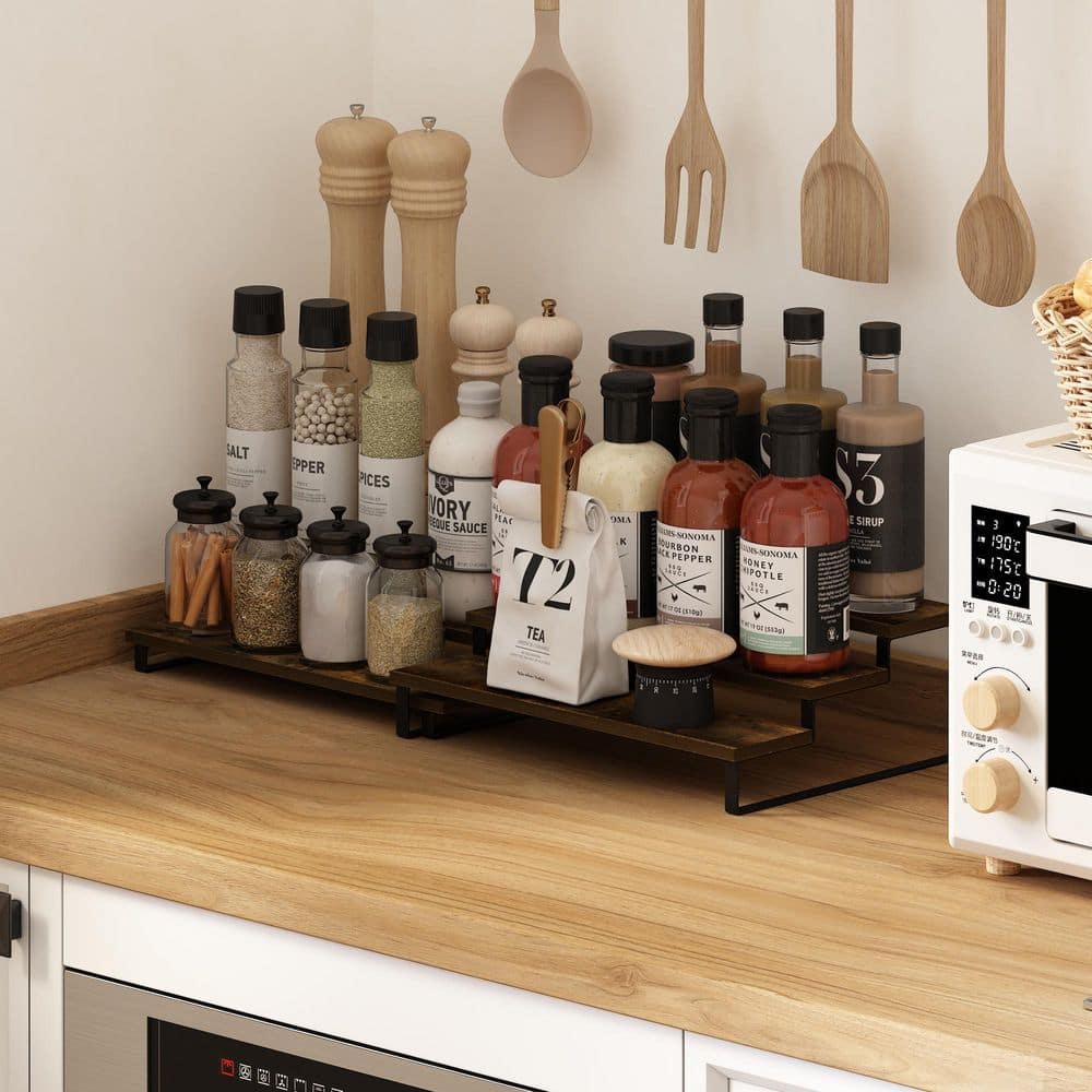 Ravel 3-Shelf Amber Pine/Black Nestable Kitchen Counter Shelves (Set of 2) - Hercitys