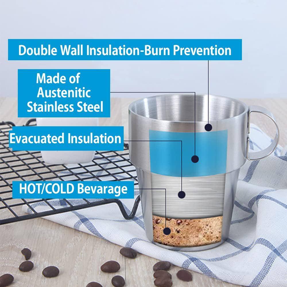 Stackable Insulated Coffee Mug Tree Stainless Steel Cups with Handles for Indoor/Outdoor (Set of 6) in Stand Rack Silver - Hercitys