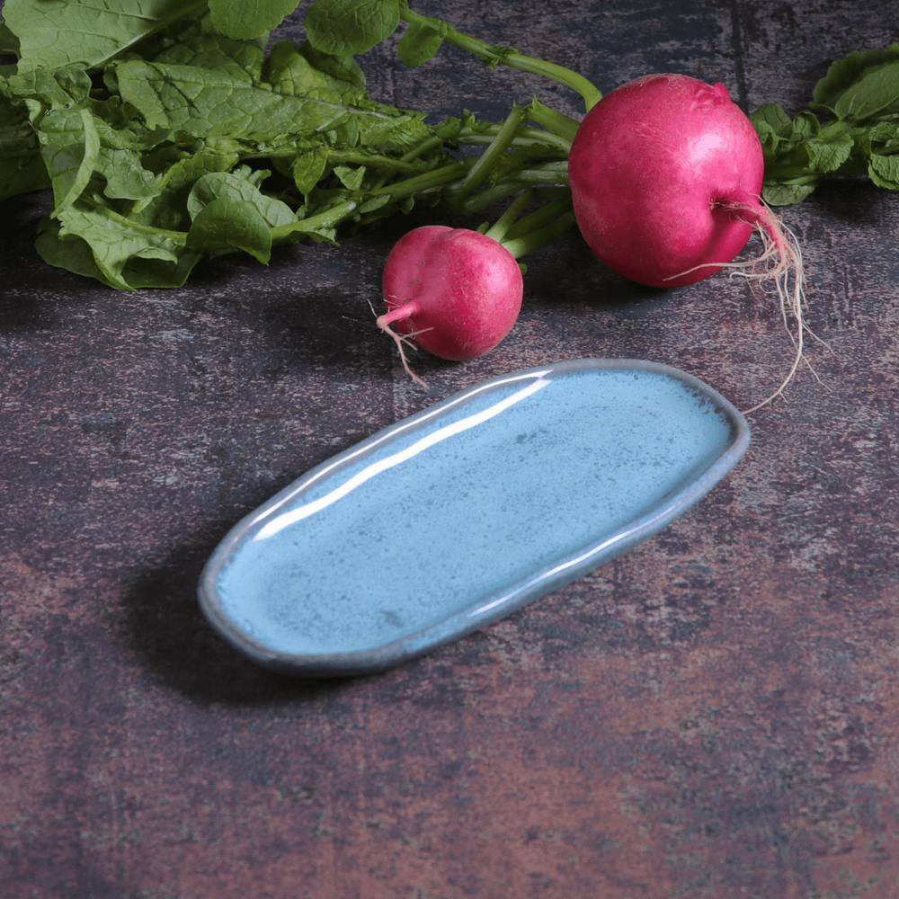 6.49 in. Breeze Light Blue Stoneware Shallow Oval Platter Organic (Set of 4) - Hercitys