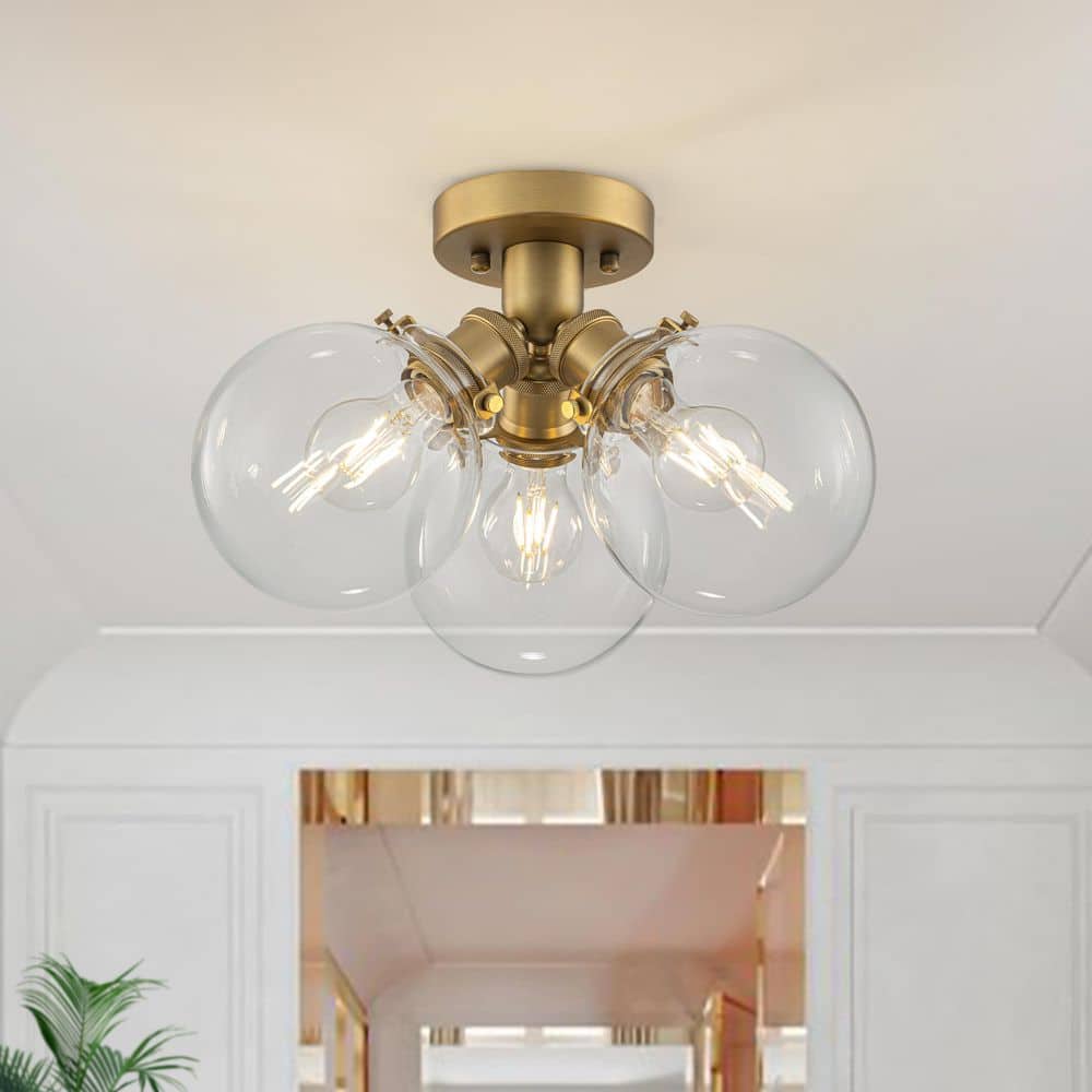 Orbis 3-Light 13.8 in. W Brushed Gold Semi-Flush Mount Cluster Globe Ceiling Light with Clear Glass for Foyer - Hercitys