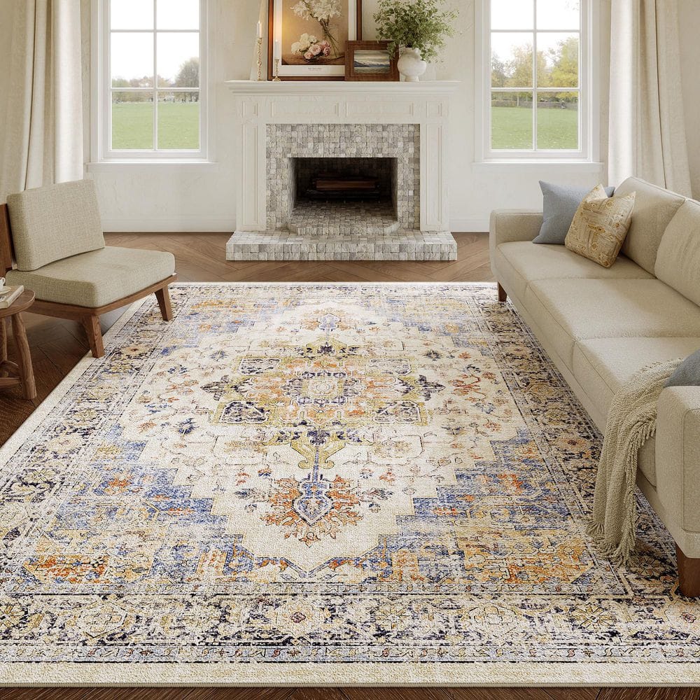 Tabriz Blue/Orange 9 ft. x 12 ft. Vintage Washable Medallion Distressed Area Rug - Hercitys