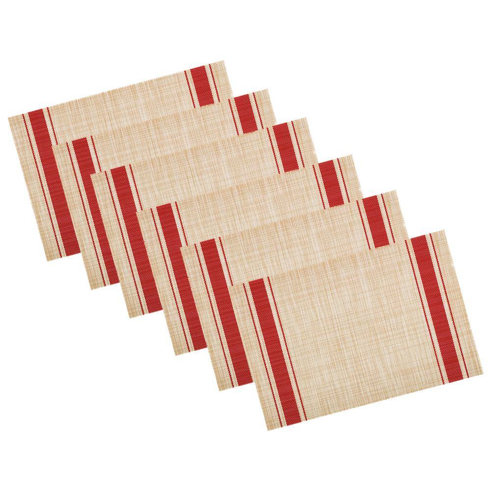 EveryTable 18 in. x 12 in. Red Ticking Stripe PVC Placemat (Set of 6) - Hercitys