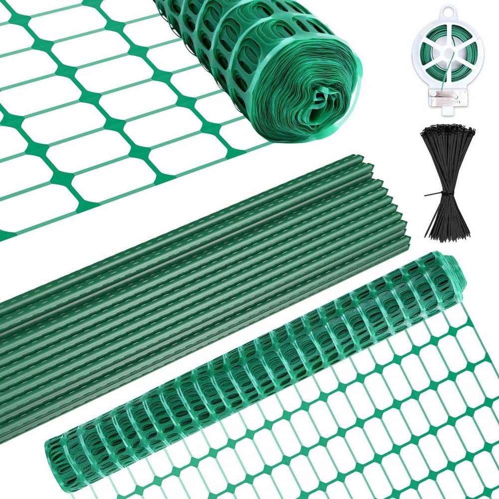 Garden Fence Snow Fence 40 in. x 100 ft. Plastic Fence Roll with 30-Pack 3.8 ft. Stakes Temporary Safety Netting, Green - Hercitys