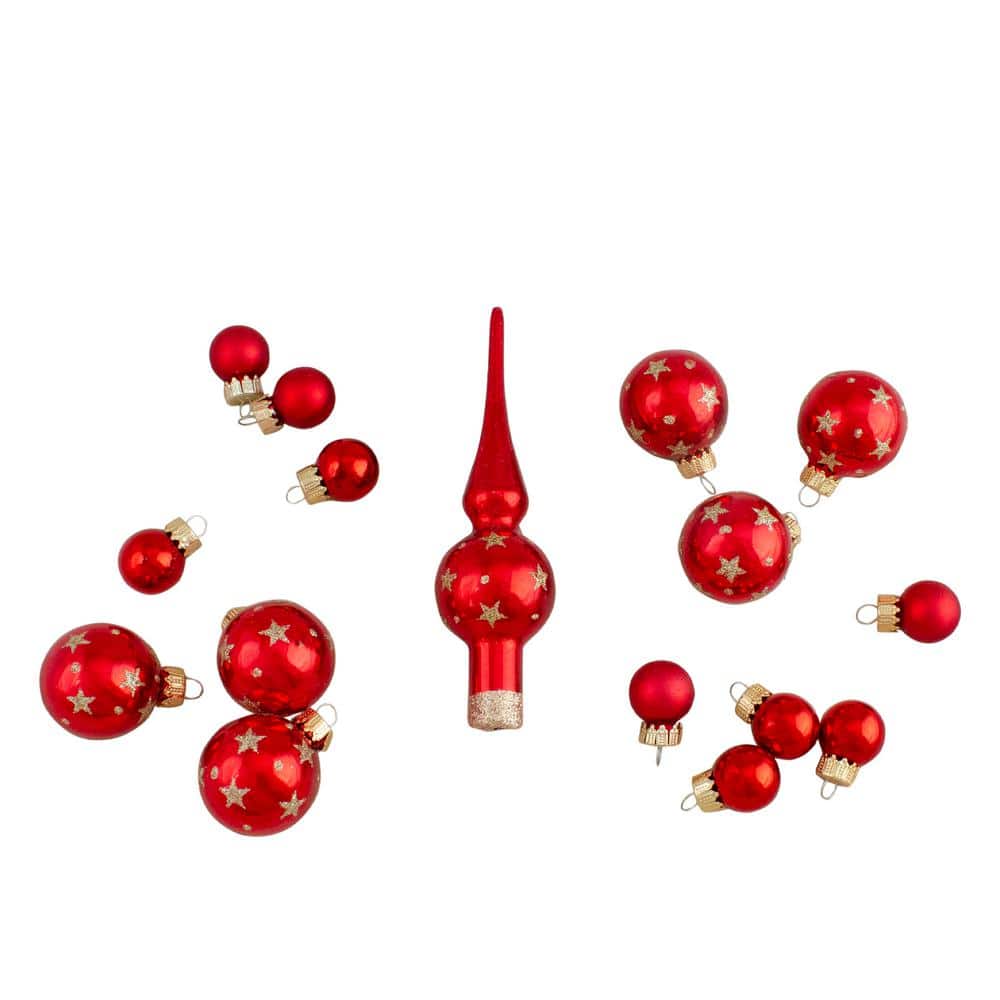 Set of Assorted Red Glass Christmas Ball Ornaments with Tree Topper (16-Piece) - Hercitys