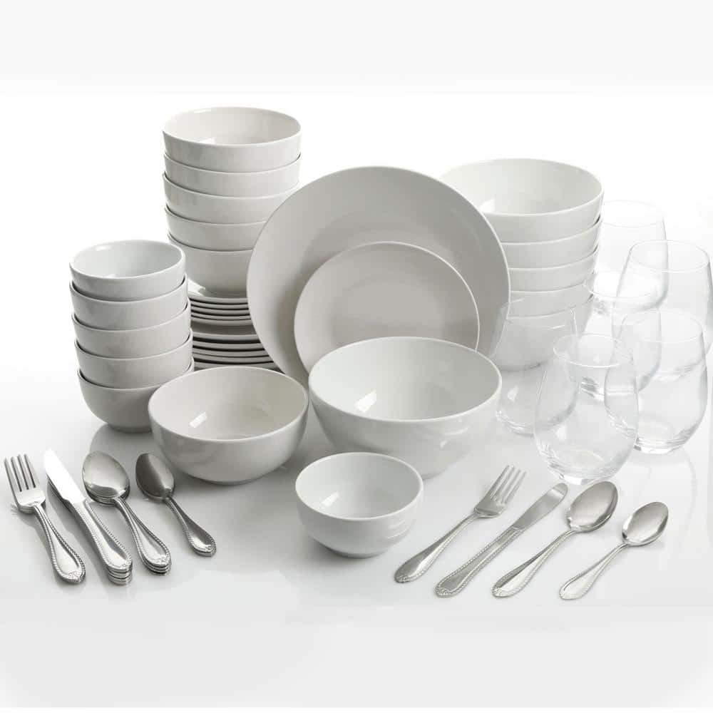 All U Need 60-Piece White Ceramic Dinnerware Combo Set with Drinkware and Flatware - Hercitys