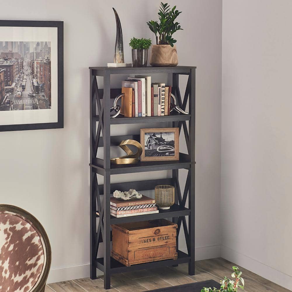 X-Frame 5-Tier 63.4 in. H x 30 in. W 11.8 in. D Laminated Wood Bookshelf Shelving Unit in Black Walnut - Hercitys