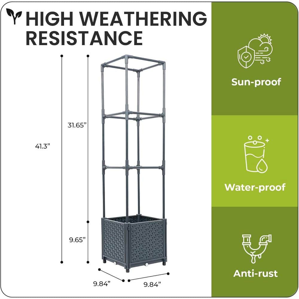 Raised Garden Bed with Trellis 9.84 in. L x 9.84 in. W x 41.3 in. H Gray Metal Self-Watering UV-Resistant Planter Box - Hercitys