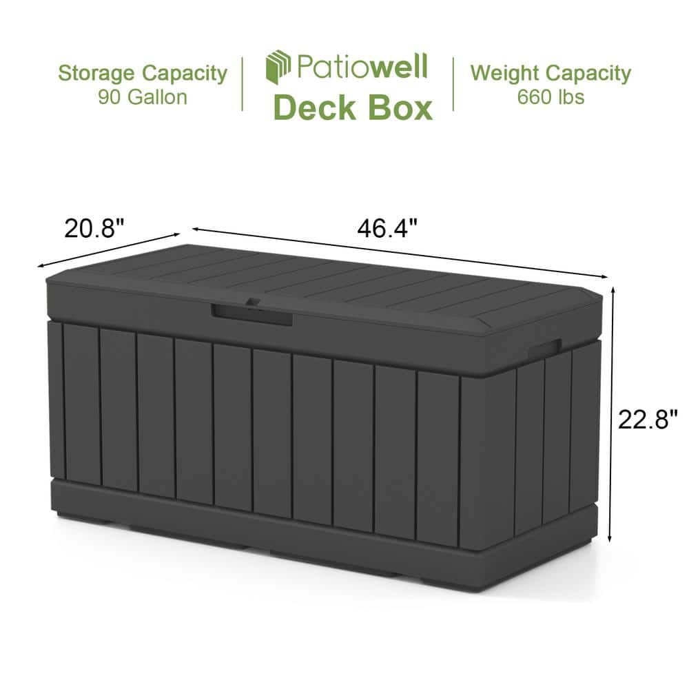 90 Gal. Heavy-Duty Outdoor Storage Deck Box in Black, Wood Look Outdoor Storage Box for Patio Furniture - Hercitys