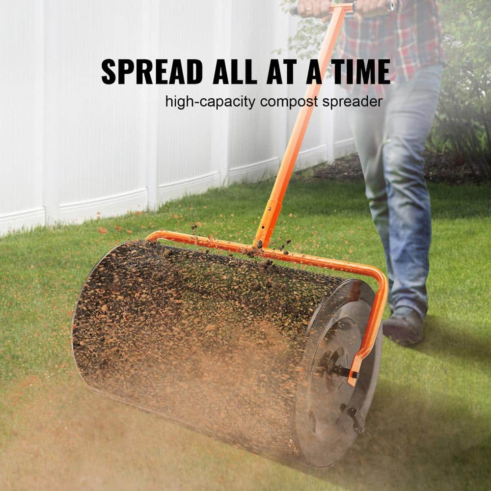 Compost Spreader 24 in. Wide Lawn and Garden Peat Moss Roller 24.4 in.-25.6 in. Height Adjustable Handheld Topsoil Black - Hercitys