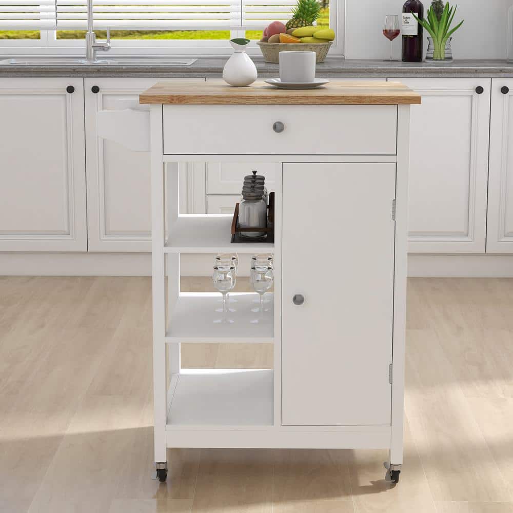White Kitchen Island Rolling Cart with Towel Rack and Rubber Wood Table Top - Hercitys