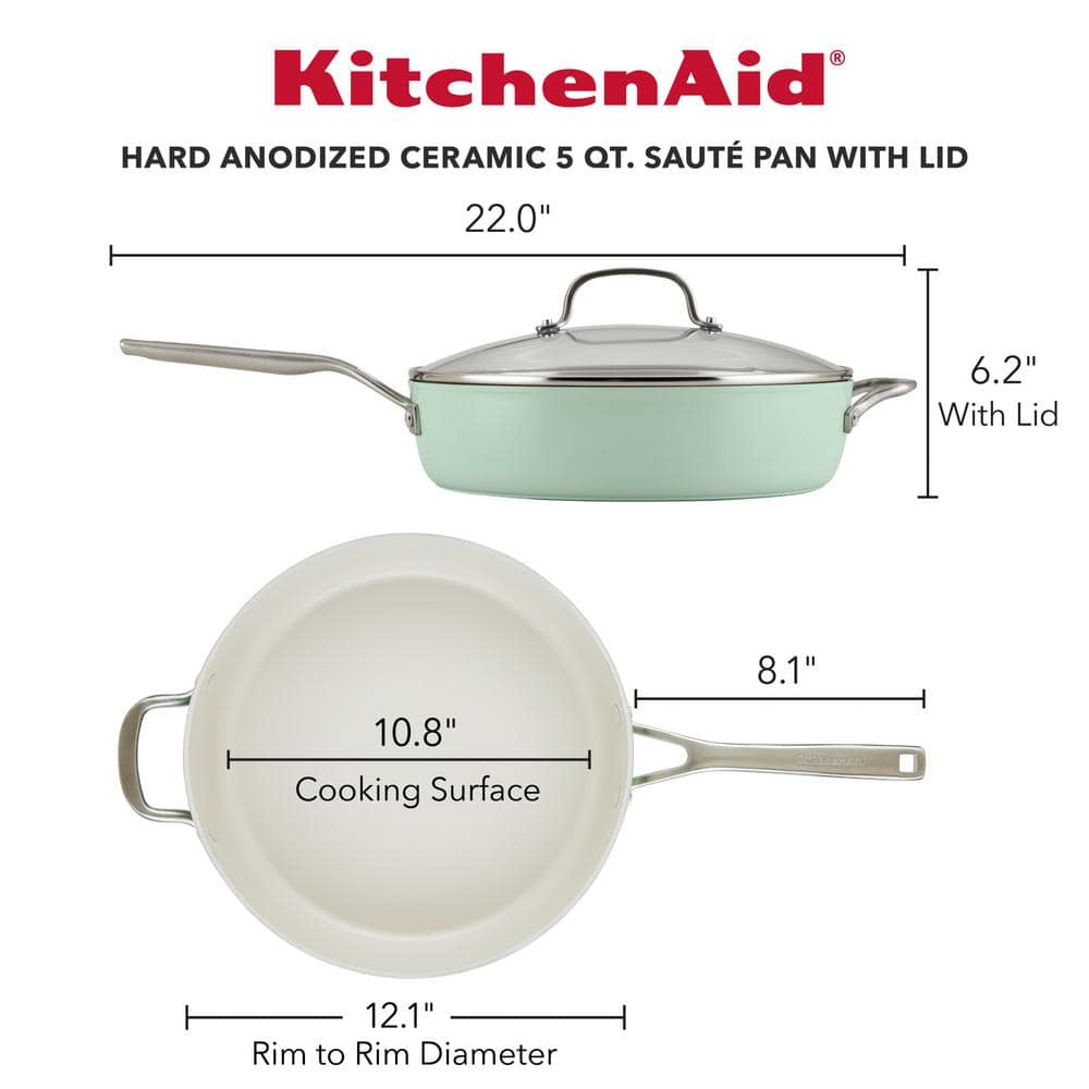 Hard Anodized Ceramic 5 qt. Hard Anodized Aluminum Nonstick Saute Pan with Lid, Pistachio - Hercitys
