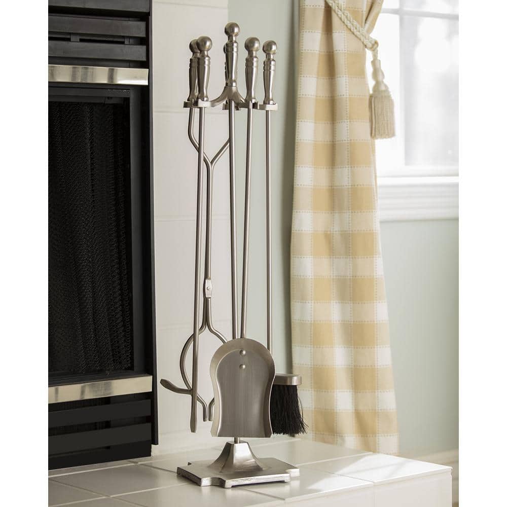 Satin Pewter Finish Steel 5-Piece Fireplace Tool Set with Heavy Weight Construction - Hercitys