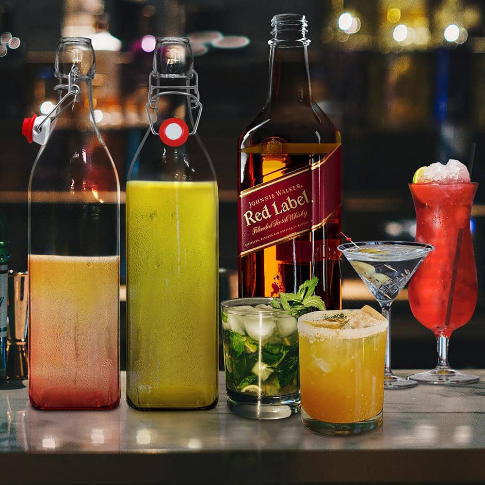 6 Pack 33 oz. Square Glass Bottles with Swing Top Stoppers, Bottle Brush, Funnel, and Gold Glass Marker - Hercitys