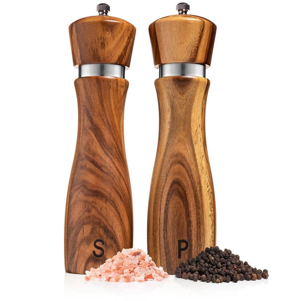 Acacia Wood Salt and Pepper Grinder Set: Adjustable Mills, Ceramic/Stainless Steel Core, 8 Inches - Hercitys