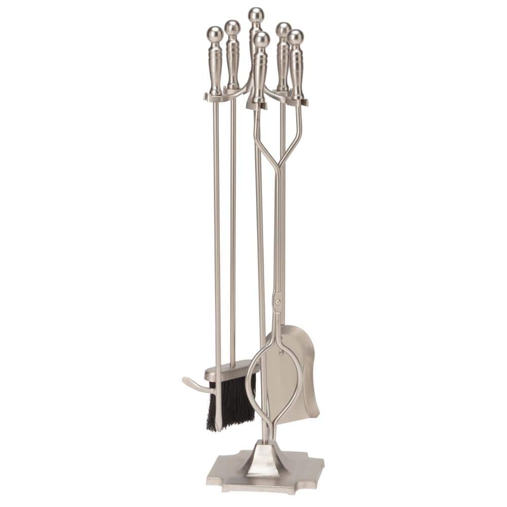 Satin Pewter Finish Steel 5-Piece Fireplace Tool Set with Heavy Weight Construction - Hercitys