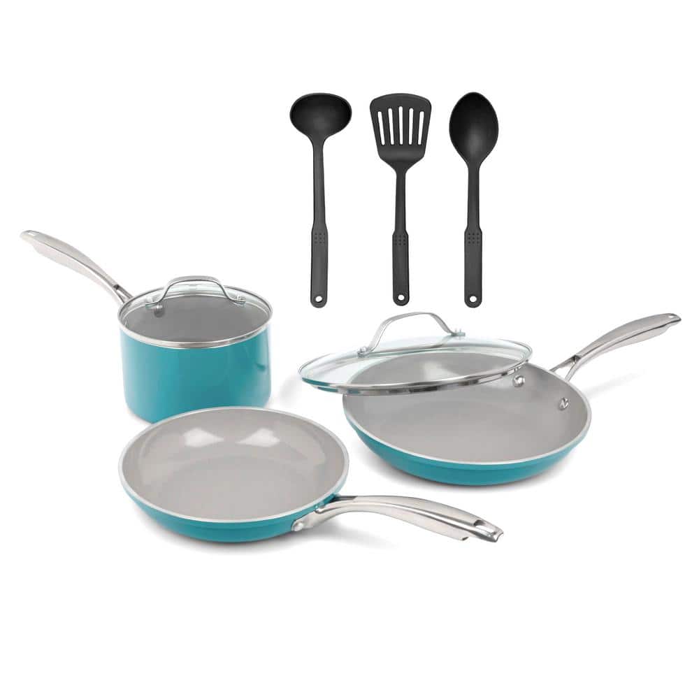 8-Piece Aluminum Ceramic Coating Nonstick Cookware Set in Aqua Blue - Hercitys