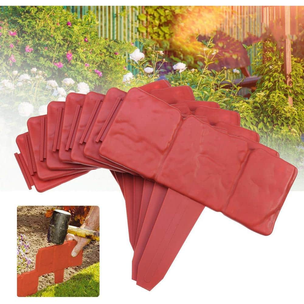 Cobbled Stone Effect Brick Red Plastic Garden Lawn Border Edging (20-Pack) - Hercitys