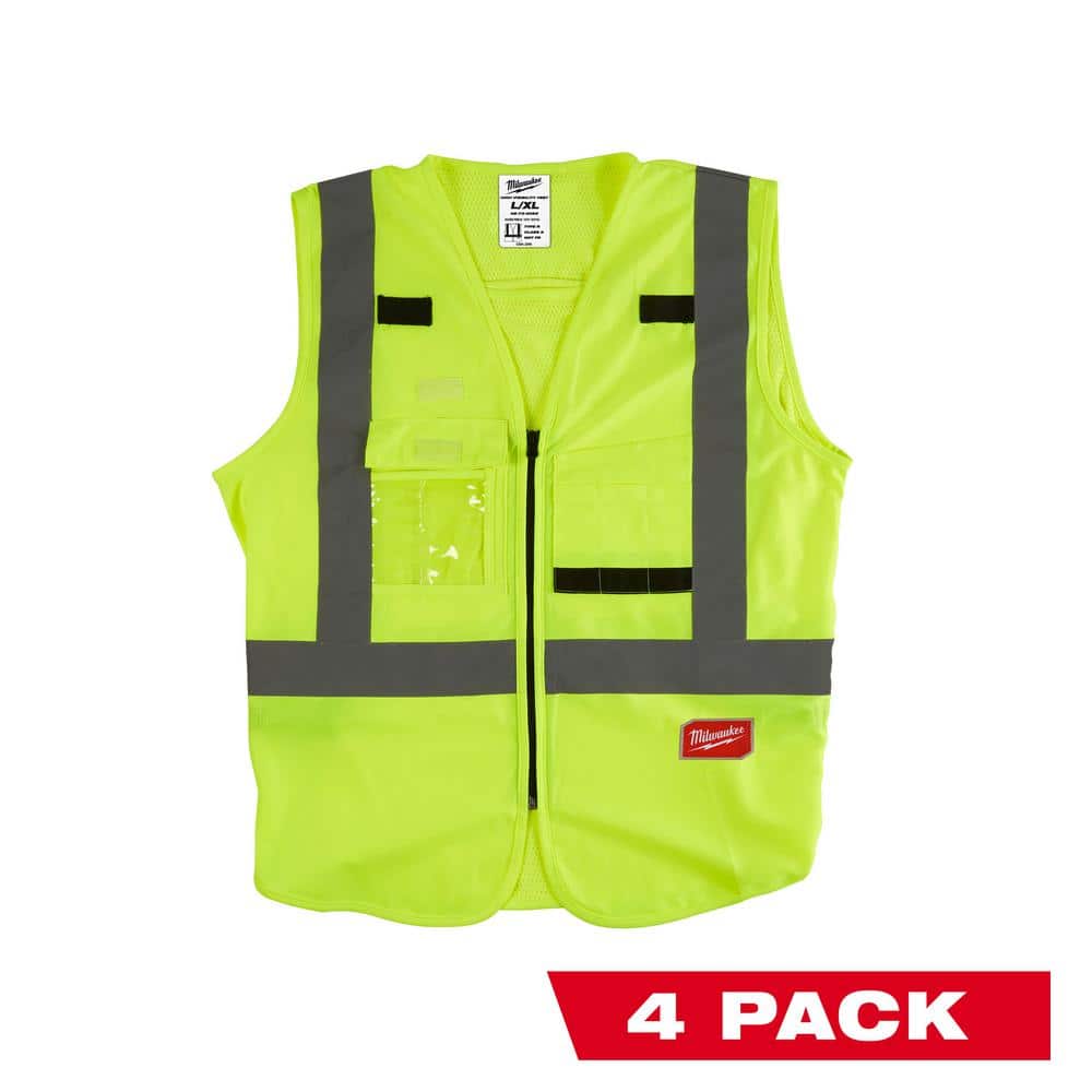 Large/X-Large Yellow Class 2 High Visibility Safety Vest with 10 Pockets (4-Pack) - Hercitys
