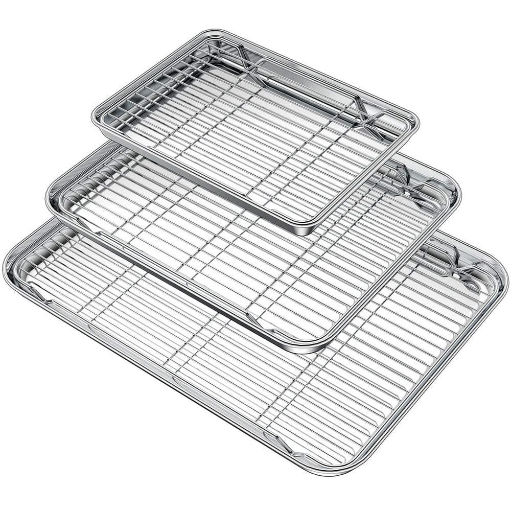 Stainless Steel Silver Baking Pan Cookie Sheet Cooling Rack, Non-Toxic Heavy Duty Easy Clean 3-Pack - Hercitys
