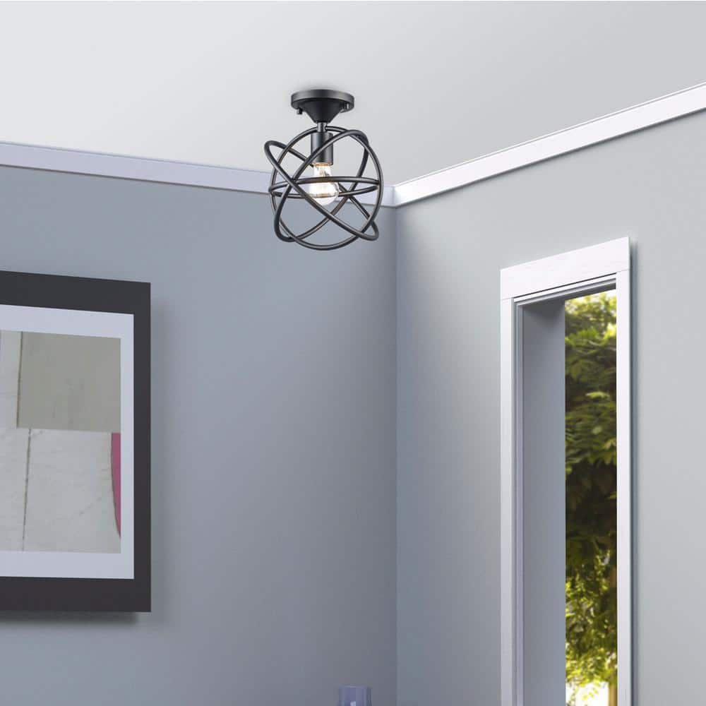 Viewridge 10 in. 1-Light Black Semi-Flush Mount Ceiling Light Fixture with Metal Globe Shade - Hercitys