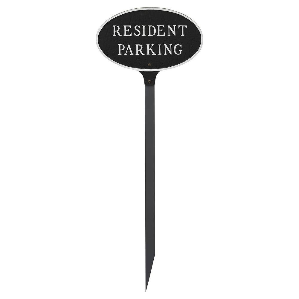 8.5 in. x 13 in. Standard Oval Resident Parking Statement Plaque Sign with 23 in. Lawn Stake – Black/Silver - Hercitys