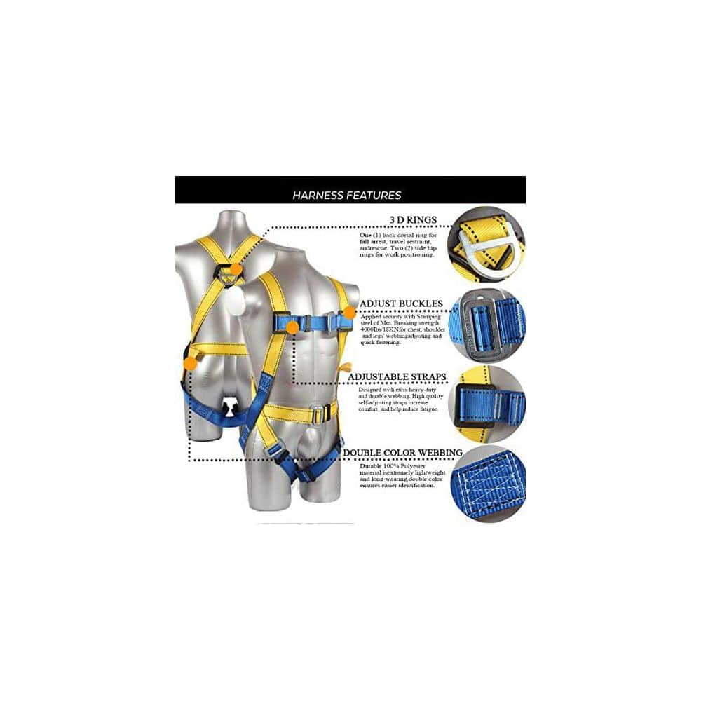 OSHA/ANSI Compliant Fall Protection Safety Harness with Shock Absorbing Lanyard and Hook Heavy Duty D-Ring - Hercitys