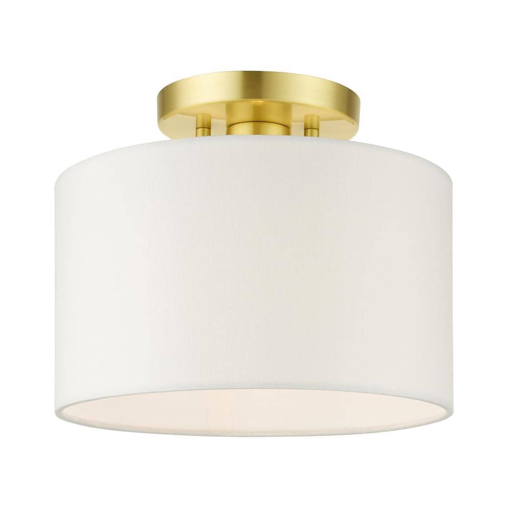 Mercury 10 in. 1-Light Satin Brass Semi Flush Mount with Off-White Fabric Shade - Hercitys