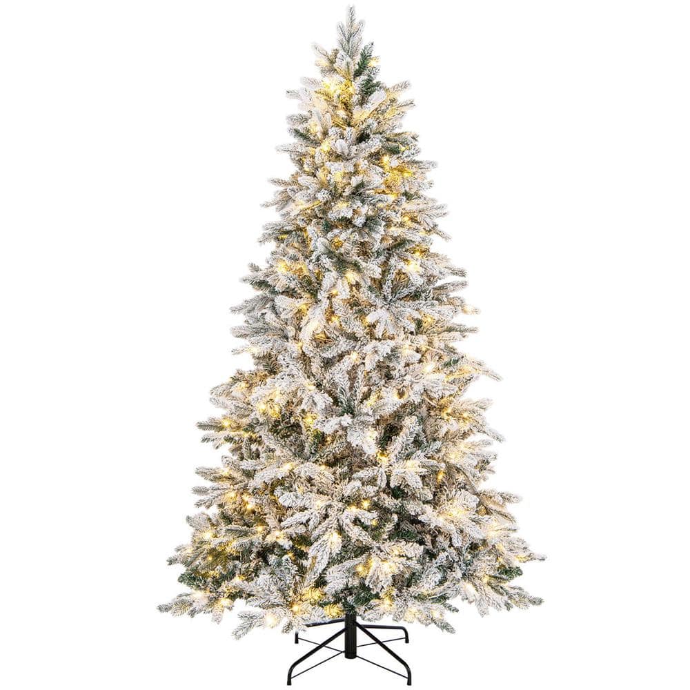 7 ft. Pre-Lit Snow Flocked Hinged Artificial Christmas Tree with 300 LED Light - Hercitys