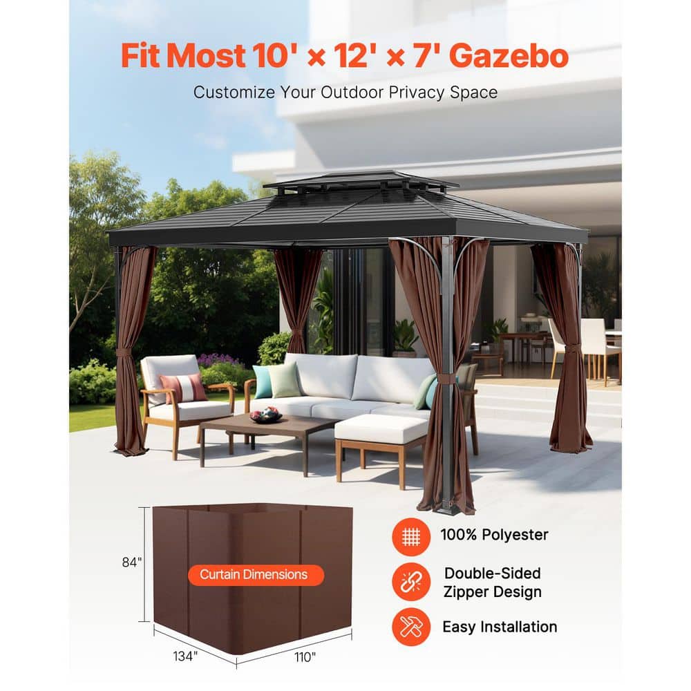 Outdoor Waterproof Gazebo Curtains, 12 ft. x 10 ft., 4-Panel Privacy Sidewalls with Zippers, 7 ft. Tall，Coffee Color - Hercitys