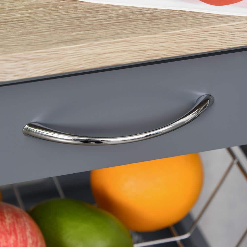 Gray Wood 14.5 in. Kitchen Island Trolley Serving Cart with Underneath Drawer and Slide-Out Wire Storage Basket - Hercitys