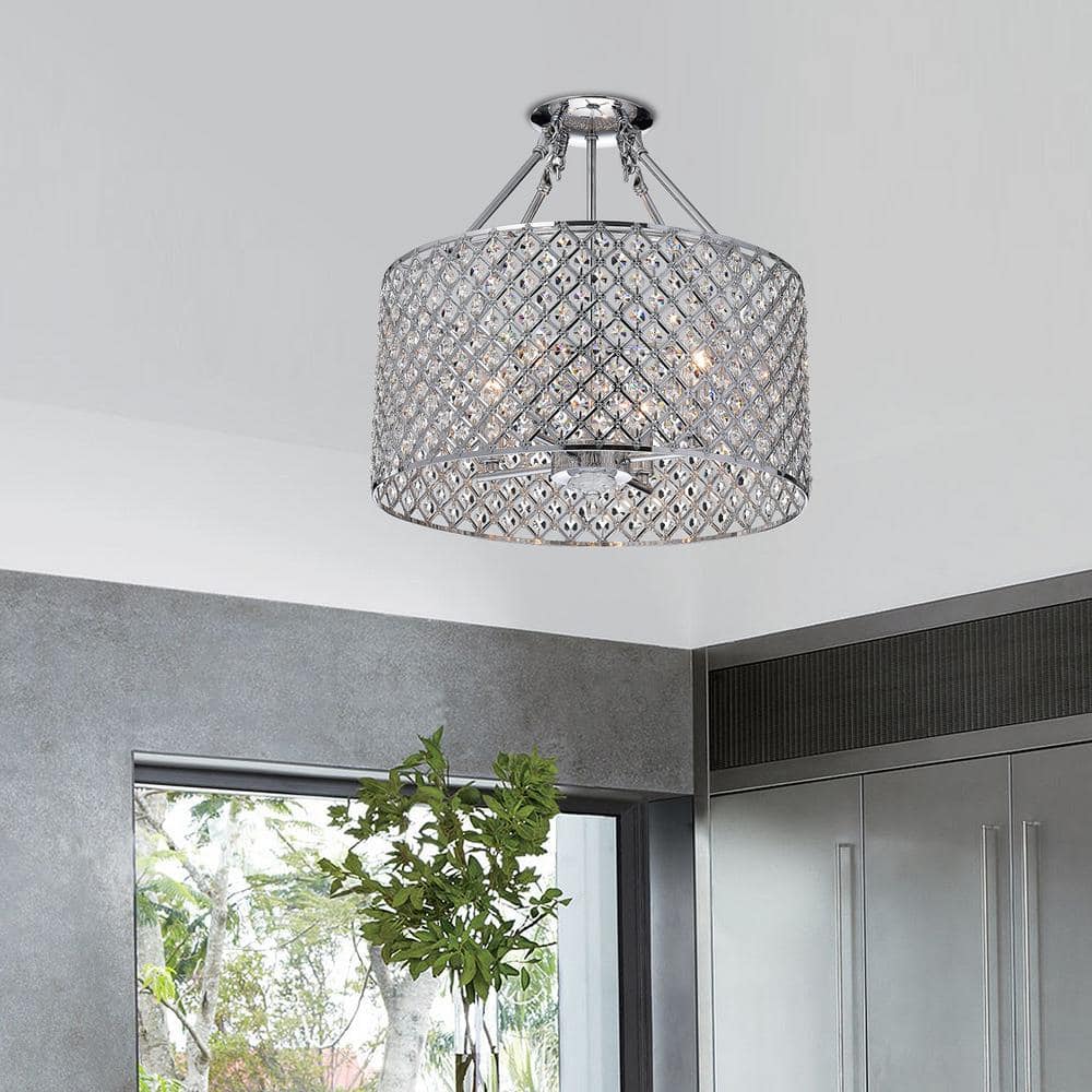 Marya 4-Light Modern Chrome Crystal Semi-Flush Mount Light with Clear Glass Crystal Beaded Drum Shade - Hercitys