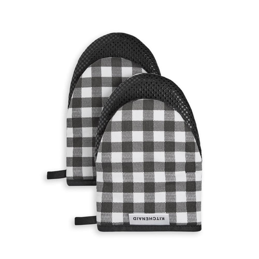 Gingham Matte Black 5.5 in. x 8 in. Cotton Mini Oven Mitt (2-Pack) - Hercitys