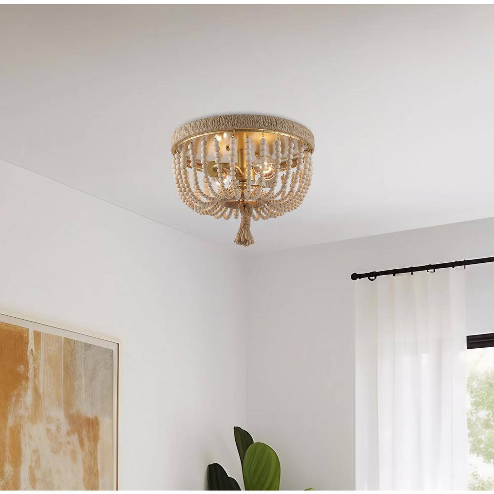 Taylan 14 in. 2-Light Antique Gold Flush Mount Ceiling Light Fixture with Jute Rope and Wood Beaded Shade - Hercitys