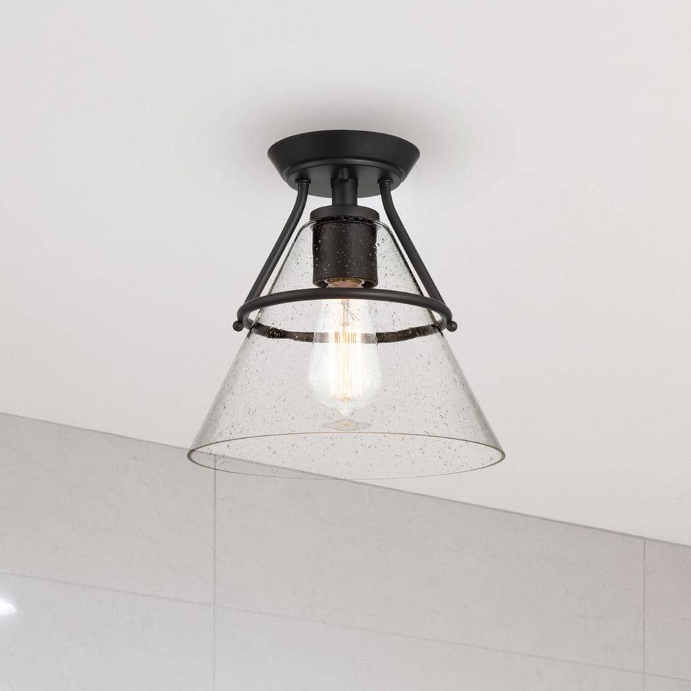 Greylock 10 in. 1-Light Matte Black Cone Semi-Flush Mount Ceiling Light with Clear Seeded Glass Shade - Hercitys