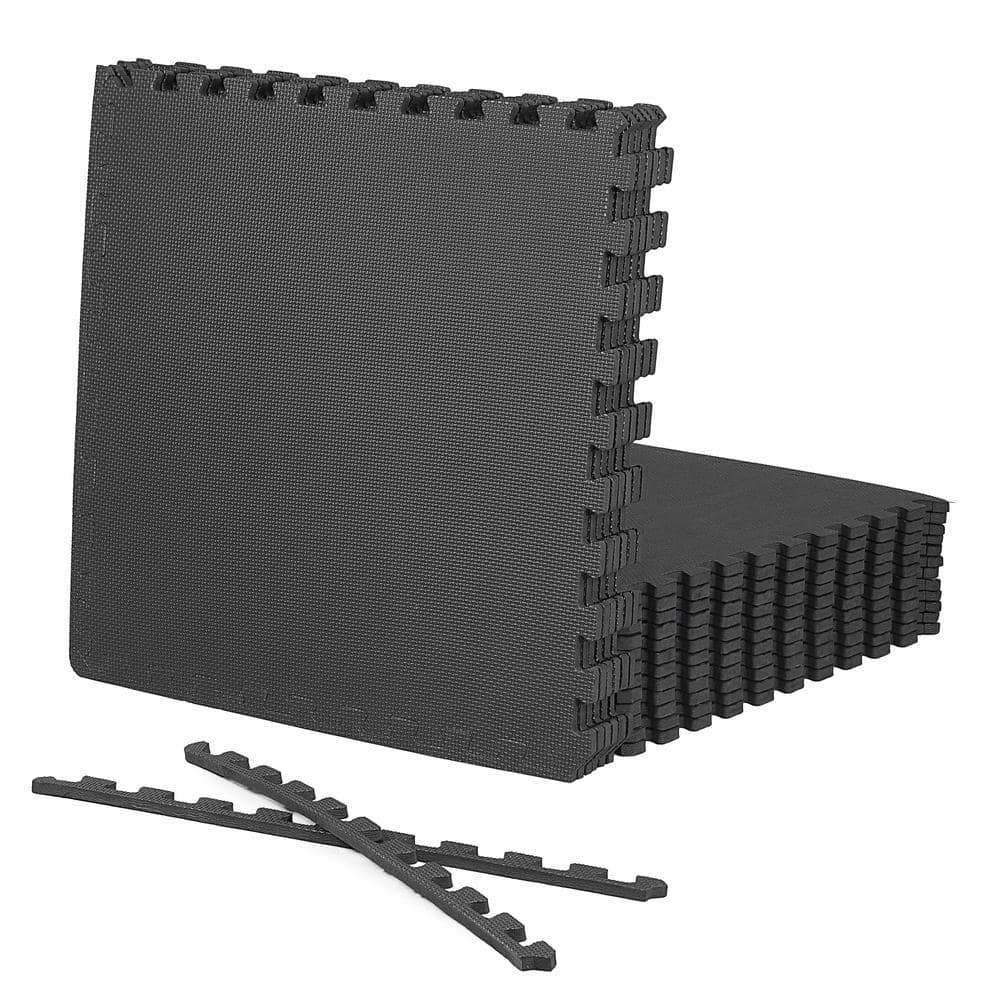 Black 24 in. W x 24 in. L x 0.5 in. Thick EVA Foam T-Pattern Gym Flooring Tiles (18 Tiles/Pack) (72 sq. ft.) - Hercitys