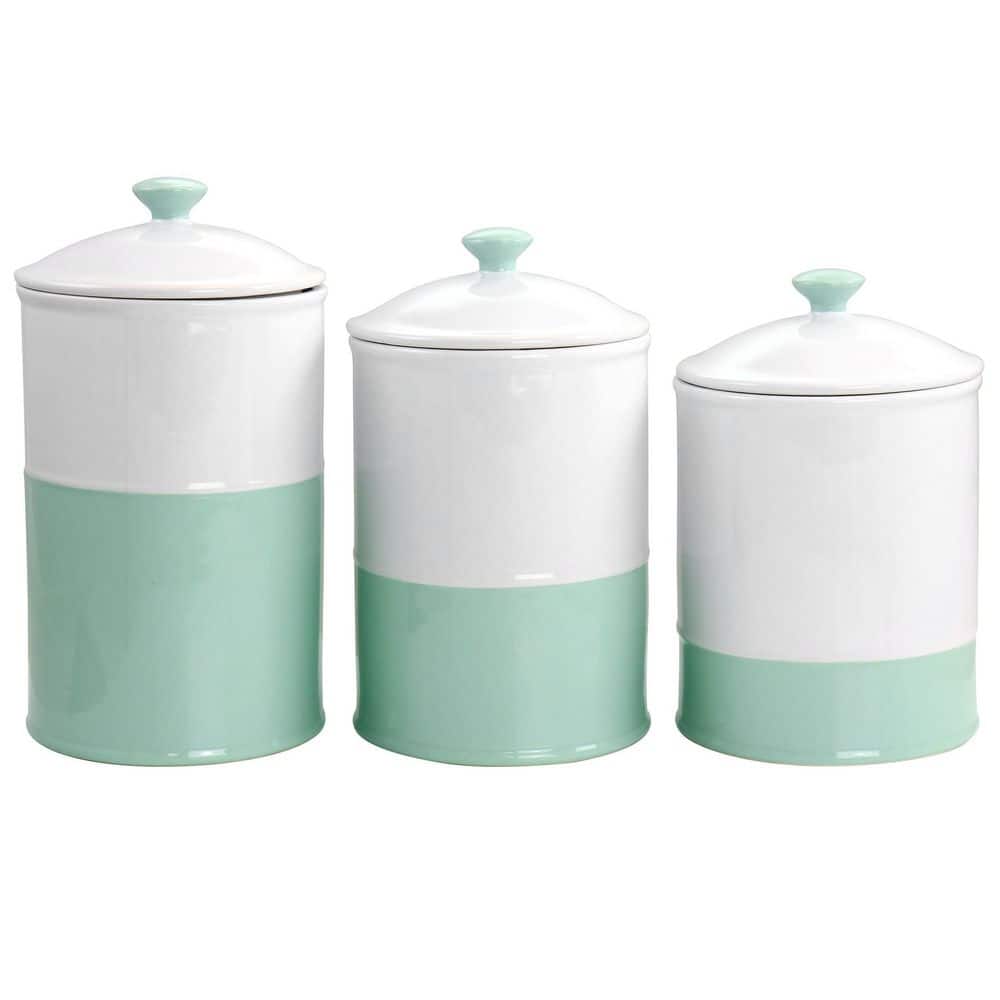 Stoneware Ceramic Canister and Lid 3-Piece Set in Mint and White - Hercitys